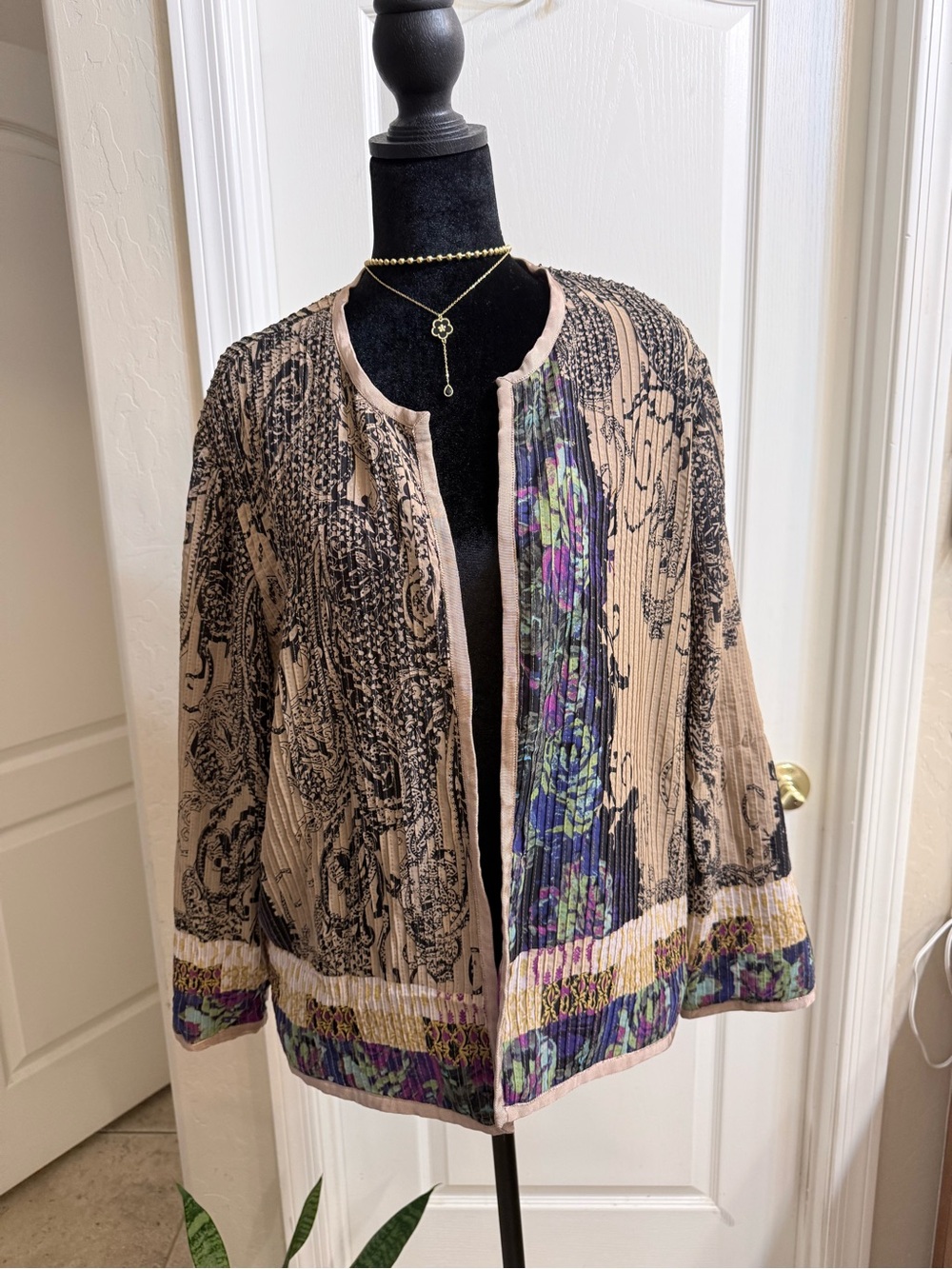 Chico's Beige Printed Jacket with Multicolor Border Trim
